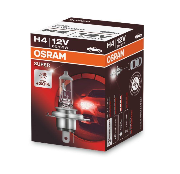 OSRAM SUPER Лампа галогенная H4 [12V 60/55W] P43t (Картонная)